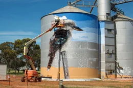 Nachdem der Kookaburra fertig ist, malt der K&uuml;nstler Geoffrey Carran den Himmel. Er soll mit dem echten Himmel hinter den Silos verschmelzen.
