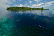 Insel mit Fischschwarm. Morovo Lagoon, Solomon Islands.