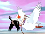 Nils und Krümel fliegen mit Martin, der Hausgans, und der Wildgans Daunenfein in den Süden.