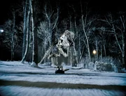 A T-Rex skeleton that has come to life goes on the rampage outside a Manhattan museum.