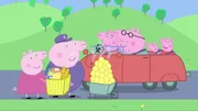 L-R: Granny Pig, Grandpa Pig, Mummy Pig, Daddy Pig, George Pig, Peppa Pig