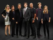 (9. Staffel) - Ein starkes Team, das jeden Serient&auml;ter zur Strecke bringt: Dr. Spencer Reid (Matthew Gray Gubler, 2.v.r.), Derek Morgan (Shemar Moore, 3.v.r.), Aaron Hotchner (Thomas Gibson, M.), David Rossi (Joe Mantegna, 3.v.l.), Jennifer 'JJ' Jareau (AJ Cook, r.), Penelope Garcia (Kirsten Vangsness, l.) und Alex Blake (Jeanne Tripplehorn, 2.v.l.) ....