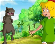 Gegen den gigantischen angriffslustigen Tyrannosaurus Rex kann Bibi mit ihrer Hexkraft nichts ausrichten.