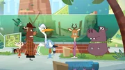 Sherlockk Yack und Hermione haben die drei Verdächtigen vor dem Piranha-Becken versammelt: Fräulein Storch, die Gazelle und Frau Hipplinger.