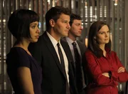 L-R: Cam (Tamara Taylor), Booth (David Boreanaz), Sweets (John Francis Daley) and Brennan (Emily Deschanel) investigate the death of a young boy in the milestone 150th episode of BONES, "The Ghost in the Machine."