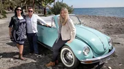 Episode 002 - Ann Jenkins (L), Christopher Jenkins (C) and Brigitte Fernandez (R) standing next to a blue car on a beach, with the Mediterranean sea behind them, in the area of La Herradura