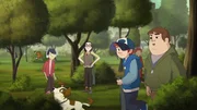 Dandy, Radieschen und Fred wollen im Park Müll sammeln für einen Umweltwettbewerb; der Park ist bereits sauber.