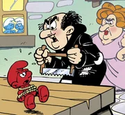 Schöne Bescherung: erst wird Fauli versehentlich rot eingefärbt, und dann gerät er auch noch in die Fänge von Gargamel.