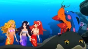 Emma, Cleo und Rikki (v.l.n.r.) haben sich in Meerjungfrauen verwandelt. Auf ihrer Unterwassertour lernen sie Bernie, den Einsiedlerkrebs kennen.
