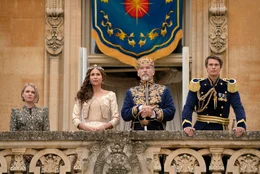 Tallulah Greive, Minnie Driver, Pierce Brosnan and Nicholas Galitzine star in CINDERELLA Photo: Christopher Raphael &copy; 2021 Amazon Content Services LLC