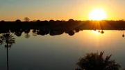 Die untergehende Sonne spiegelt sich auf der glatten Oberfläche eines Sees im Pantanal – ein magischer Moment.