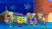 Squidward (l.), SpongeBob (2.v.l.)