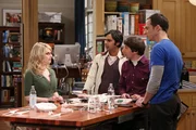 Auch wenn Rajs (Kunal Nayyar, 2.v.l.) Drohne auseinandergebaut wurde: Bernadettes (Melissa Rauch, l.) Vorschlag, den technischen Kundendienst anzurufen, wird von Sheldon (Jim Parsons, r.) und Howard (Simon Helberg, 2.v.r.) nicht akzeptiert ...