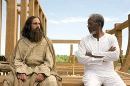 Evans (Steve Carell, l.) bereitet sich auf seinen ersten Tag als frischgebackener Kongressabgeordneter von New York vor. Das &uuml;bliche Ritual beginnt mit einem Gebet und der Bitte an Gott (Morgan Freeman, r.), die Welt zu &auml;ndern. Er ahnt nicht, dass er erh&ouml;rt wird ...