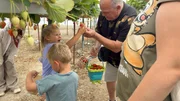 Harald mit den Kindern beim Erdbeerpflücken