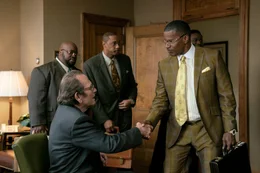 Tywayne Wheatt as Al Jones, Tommy Lee Jones as Jeremiah O'Keefe, Dorian Missick as Reggie Douglas, Jamie Foxx as Willie Gary, and Keith Jefferson as Dashaan Williams in The Burial Photo: Skip Bolen &copy; AMAZON CONTENT SERVICES LLC