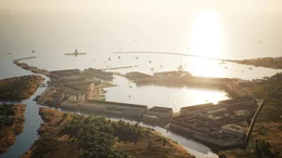 Computeranimation: Die r&ouml;mischen Hafenanlagen bei Ostia an der M&uuml;ndung des Tibers waren lebensnotwendig zur Versorgung der Metropole Rom. Gro&szlig;e Hafenbecken, kilometerlange Molen und riesige Lagerh&auml;user (Horrea) pr&auml;gten &uuml;ber Jahrhunderte das Bild des zentralen Hafens im Imperium Romanum.