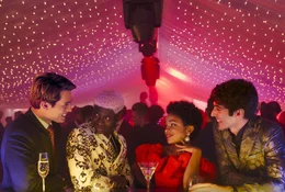 L-R: Nicholas Galitzine als Prince Henry, Malcolm Atobrah als Percy Okonjo, Rachel Hilson als Nora Holleran, and Taylor Zakhar Perez als Alex Claremont-Diaz