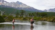 Cody Lundin and Dave Canterbury crossing a river. Cody Lundin and Dave Canterbury crossing a river.