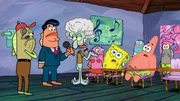 vorne: Squidward (3.v.l.), SpongeBob (2.v.r.), Patrick (r.)