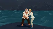 Onkel Patrick (l.) und Anita (r.) halten einander fest. Ihr Schiff hat im Sturm einen Felsen gerammt und ist dabei umgekippt. Die beiden stehen nun auf dem umgekippten Schiff und hoffen auf Rettung.