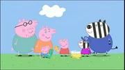 v.li.: Daddy Pig, Pig, Mummy Pig, George Pig, Peppa Pig, Zo&euml; Zebra, Mr Zebra