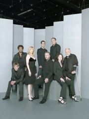v.li.: Greg Sanders (Eric Szmanda), Warrick Brown (Gary Dourdan), Catherine (Marg Helgenberger), Nick Stoges (George Eads), Gil Grissom (William Petersen), Captain Jim Brass (Paul Guilfoyle), Sara Sidel (Jorja Fox), Dr. Albert Robbins (Robert David Hall)