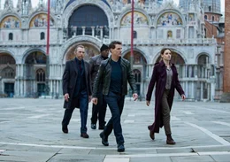 l-r: Benji Dunn (Simon Pegg), Luther Stickell (Ving Rhames), Ethan Hunt (Tom Cruise), Ilsa Faust (Rebecca Ferguson)