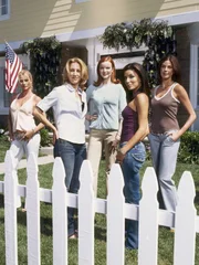 (1. Staffel) - Edie Britt (Nicollette Sheridan, l.), Lynette Scavo (Felicity Huffman, 2.v.l.), Bree Van De Kamp (Marcia Cross, M.), Gabrielle Solis (Eva Longoria, 2.v.r.) und Susan Mayer (Teri Hatcher, r.) ...