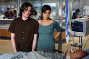 Medium shot in hospital, of Robert Iler as Anthony Soprano, Jr. and Jamie-Lynn Sigler as Meadow Soprano standing together, watching James Gandolfini as Tony Soprano, eyes closed, laying in bed with tubes attached to mouth and nose. (Episode #602) Medium shot in hospital, of Robert Iler as Anthony Soprano, Jr. and Jamie-Lynn Sigler as Meadow Soprano standing together, watching James Gandolfini as Tony Soprano, eyes closed, laying in bed with tubes attached to mouth and nose. (Episode #602)