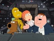 Peter erzählt die Star Wars Saga "Das Imperium schlägt zurück" à la Family Guy (v.l.n.r.): Brian als Chewbacca, Quagmire als 3CPO, Lois als Prinzessin Leia und Peter als Han Solo Peter erzählt die Star Wars Saga "Das Imperium schlägt zurück" à la Family Guy (v.l.n.r.): Brian als Chewbacca, Quagmire als 3CPO, Lois als Prinzessin Leia und Peter als Han Solo