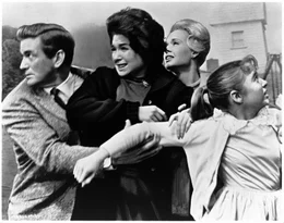 Auf der Flucht vor den V&ouml;geln: Mitch (Rod Taylor, l.) hilft den Frauen Annie (Suzanne Pleshette, 2.v.l.), Melanie (Tippi Hedren, 2.v.r.) und Cathy (Veronica Cartwright, r.) zu entkommen.