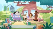 Sherlock Yack und Hermione treffen den Rotluchs im Friseursalon, wo er Frau Panda bedient.