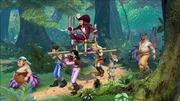 Captain Hook lässt sich von seinen Piraten durch Nimmerland tragen.