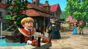 Prinz John (links) kann es nicht glauben, dass er nicht der rechtmäßige Thronfolger ist. Robin (rechts) und Marian (2. von rechts) wundern sich über die Reaktion des Notars (2. von links).
