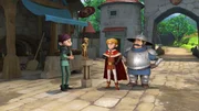 Der Bildhauer präsentiert Prinz John und dem Sheriff die Statue von Prinz John. Prinz John ist empört.