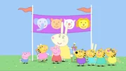 v.li.: George Pig, Suzy Sheep, Peppa Pig, Miss Rabbit, Danny Dog, Rebecca Rabbit, Candy Cat, Pedro Pony
