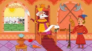 Der König trägt dem Diener einen königlichen Erlass vor.