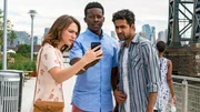 Heavenly Taco Truck - Miles’ wallet is stolen when he, Rakesh and Cara check out a food truck the God Account suggests that he "like." Pictured L to R: Violett Beane as Cara Bloom, Brandon Micheal Hall as Miles Finer and Suraj Sharma as Rakesh Singh.