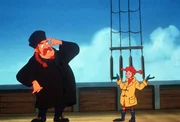 Pippi (r.) und Papa Ephraim überlegen gemeinsam, wie sie die grünen Wale beschützen können.