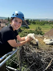 Faszinierende Begegnung: Die Wildtier&auml;rztin Hannah Emde h&auml;lt zum ersten Mal ein Storchenk&uuml;ken in ihren H&auml;nden.