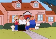 (5. Staffel) - Die Griffins sind eine nach au&szlig;en hin "v&ouml;llig normale" Familie: (v.l.n.r.) Stewie, Lois, Peter, Meg, Chris und Brian.