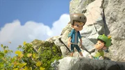 Raphael nimmt Kleiner Fuß mit zu einer Klettertour auf den großen Felsen.