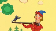 Der Vogel setzt sich auf das Gewehr des Dieners.