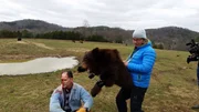 Nic Patrick actor Joe Mode with makeup and taxidermy bear camera aware.