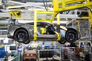 A partially completed DBS Superleggera moving from one station to the next.