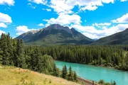 bow river, banff, alberta, canada, forest, mountain, transportation, railroad, transport, old, railway, locomotive, rail, retro, track, vintage, steel, industry, technology, industrial, power, classic, iron, machine, travel, wheels, metal, huge, machinery, mechanics, gear, river, scenic, aqua, blue, equipment, outdoor, country, nature, yellow, green, hill, natural, grass, meadow, sun, sunny, sunlight, season, bright, rural, landscape, land, field, sky, countryside, summer, cloud, picture