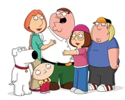 (13. Staffel) - Die Griffins - eine ganz besondere Familie: Chris (r.), Peter (3.v.r.), Lois (2.v.l.), Meg (2.v.r.), Brian (l.) und Stewie (3.v.r.).