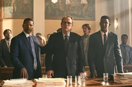 Jamie Foxx as Willie Gary, Pamela Reed as Annette O'Keefe, Tommy Lee Jones as Jeremiah O'Keefe, and Mamoudou Athie as Hal Dockins in The Burial Photo: Skip Bolen &copy; AMAZON CONTENT SERVICES LLC