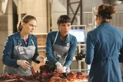 V.l.: Brennan (Emily Deschanel), Cam (Tamara Taylor) und Angela (Michaela Conlin, R&uuml;ckansicht) untersuchen die Leiche eines Mordopfers, die von dem M&ouml;rder offenbar mit einer Bombe pr&auml;pariert wurde.